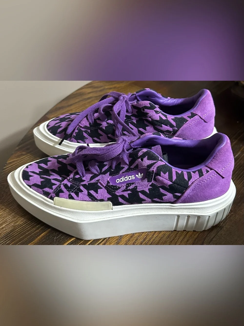 adidas Hypersleek Purple and Black Houndstooth Platform Sneakers